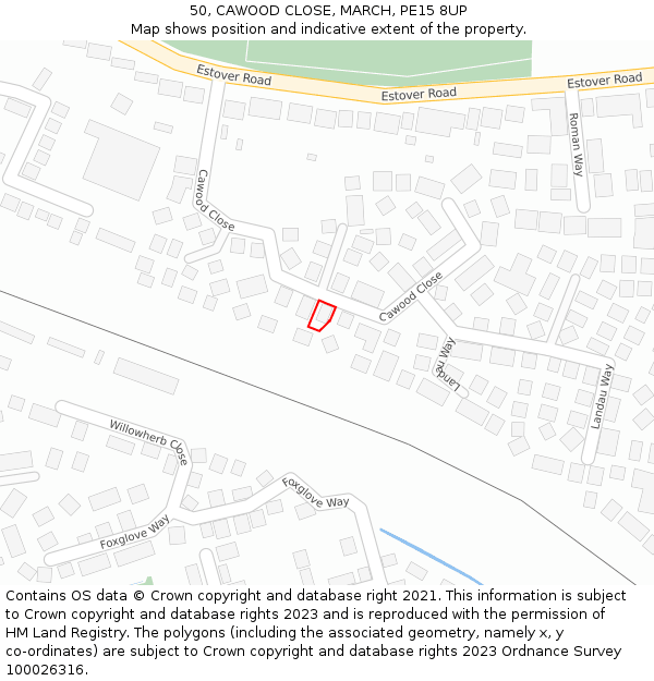 50, CAWOOD CLOSE, MARCH, PE15 8UP: Location map and indicative extent of plot