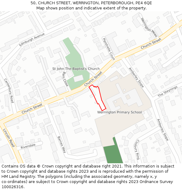 50, CHURCH STREET, WERRINGTON, PETERBOROUGH, PE4 6QE: Location map and indicative extent of plot
