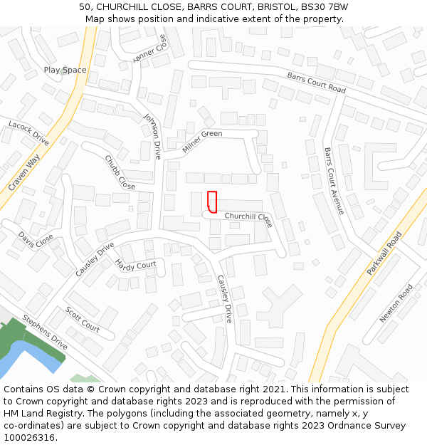 50, CHURCHILL CLOSE, BARRS COURT, BRISTOL, BS30 7BW: Location map and indicative extent of plot