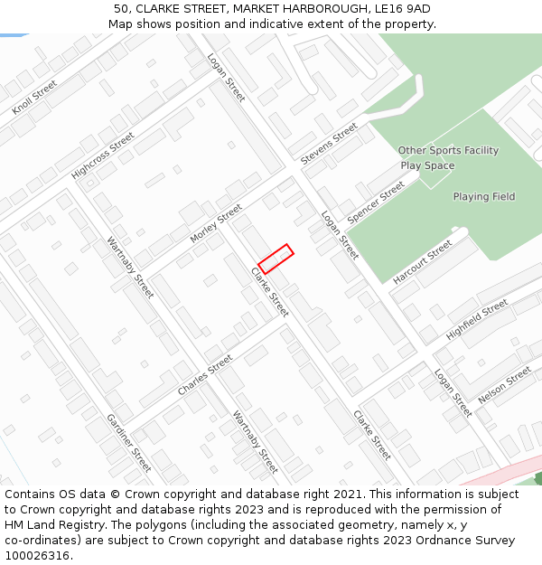50, CLARKE STREET, MARKET HARBOROUGH, LE16 9AD: Location map and indicative extent of plot