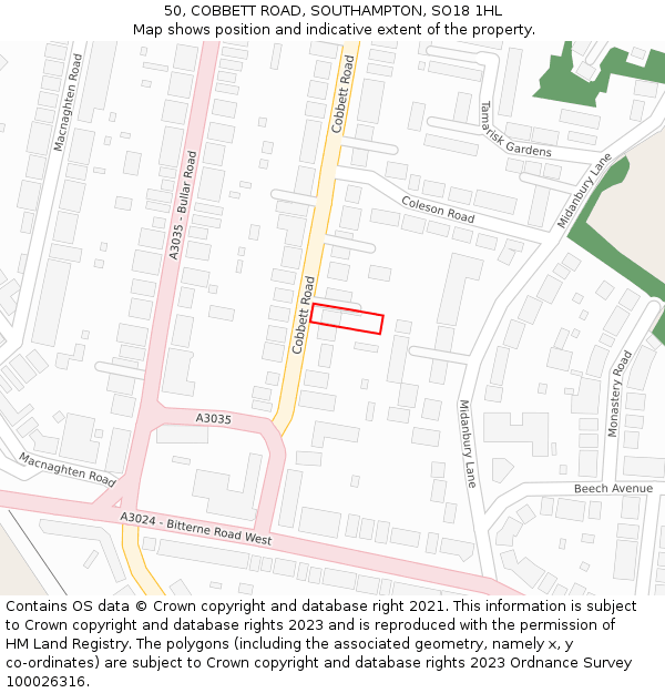 50, COBBETT ROAD, SOUTHAMPTON, SO18 1HL: Location map and indicative extent of plot