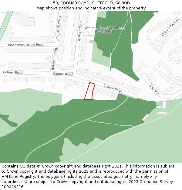 50, COBNAR ROAD, SHEFFIELD, S8 8QB: Location map and indicative extent of plot