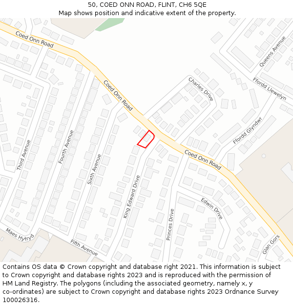 50, COED ONN ROAD, FLINT, CH6 5QE: Location map and indicative extent of plot