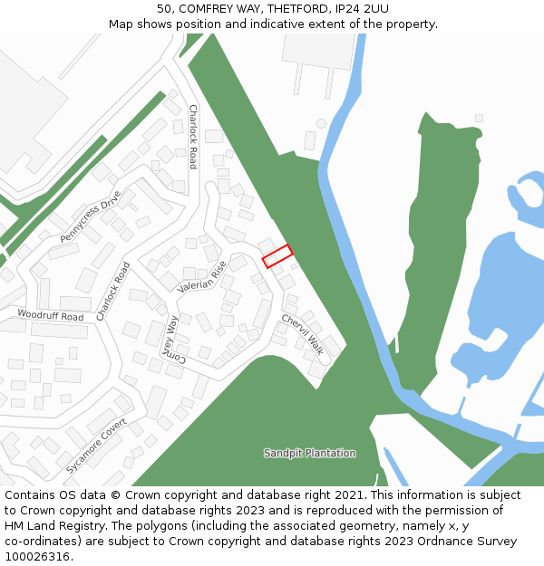 50, COMFREY WAY, THETFORD, IP24 2UU: Location map and indicative extent of plot