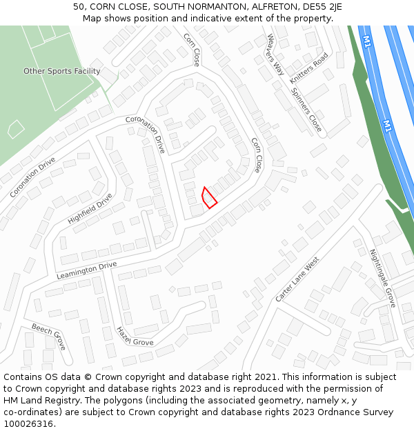 50, CORN CLOSE, SOUTH NORMANTON, ALFRETON, DE55 2JE: Location map and indicative extent of plot