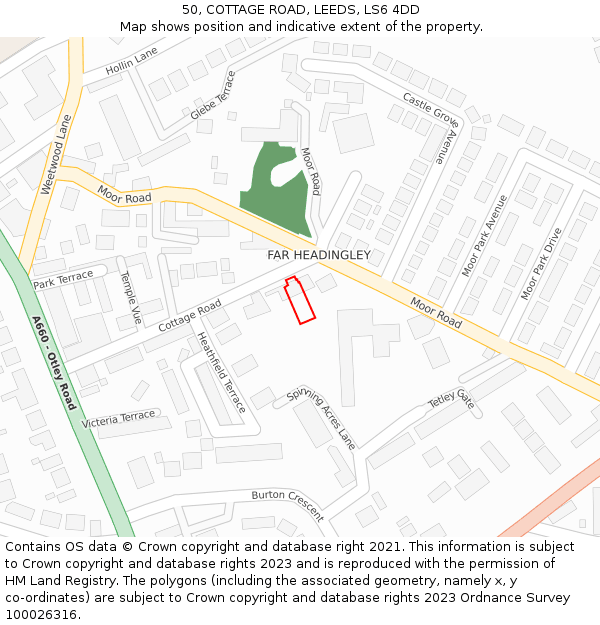 50, COTTAGE ROAD, LEEDS, LS6 4DD: Location map and indicative extent of plot