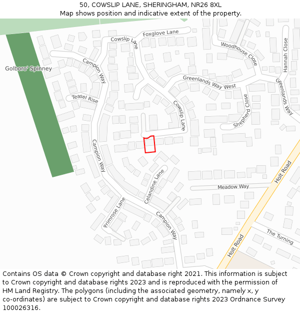 50, COWSLIP LANE, SHERINGHAM, NR26 8XL: Location map and indicative extent of plot