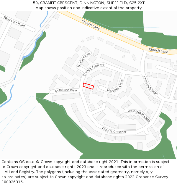 50, CRAMFIT CRESCENT, DINNINGTON, SHEFFIELD, S25 2XT: Location map and indicative extent of plot