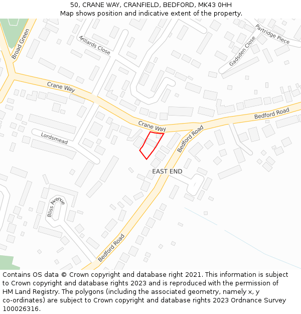 50, CRANE WAY, CRANFIELD, BEDFORD, MK43 0HH: Location map and indicative extent of plot