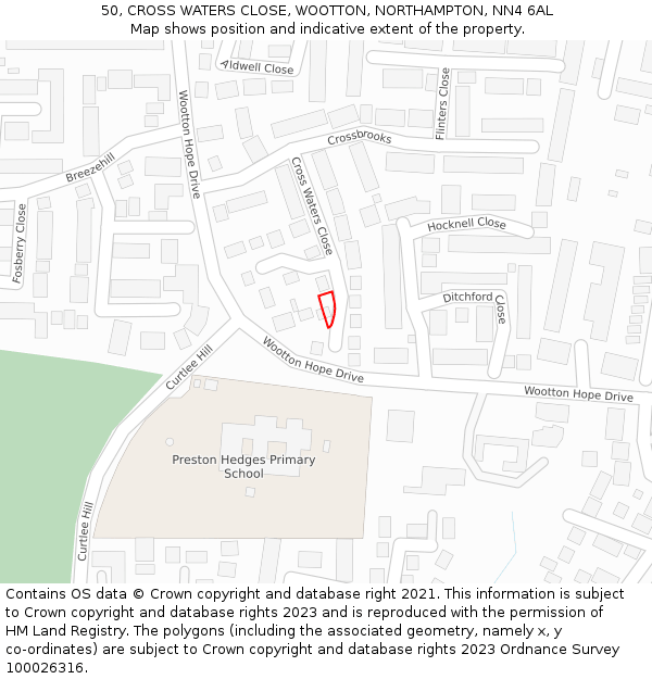 50, CROSS WATERS CLOSE, WOOTTON, NORTHAMPTON, NN4 6AL: Location map and indicative extent of plot