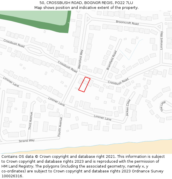 50, CROSSBUSH ROAD, BOGNOR REGIS, PO22 7LU: Location map and indicative extent of plot