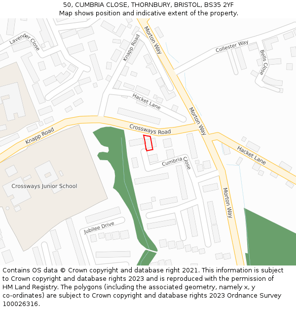50, CUMBRIA CLOSE, THORNBURY, BRISTOL, BS35 2YF: Location map and indicative extent of plot