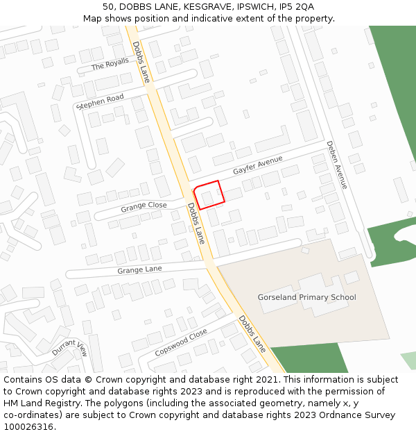 50, DOBBS LANE, KESGRAVE, IPSWICH, IP5 2QA: Location map and indicative extent of plot