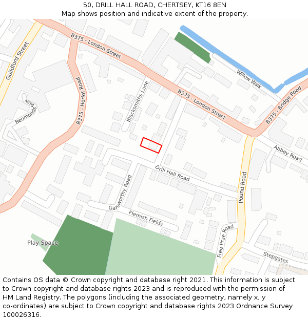 50, DRILL HALL ROAD, CHERTSEY, KT16 8EN: Location map and indicative extent of plot