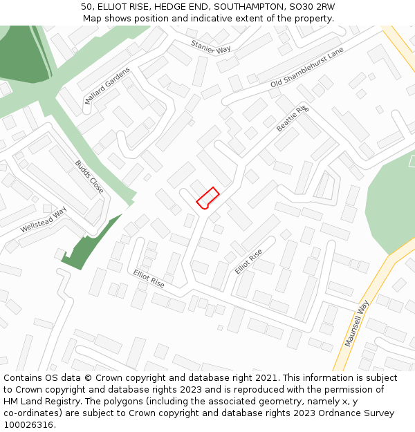 50, ELLIOT RISE, HEDGE END, SOUTHAMPTON, SO30 2RW: Location map and indicative extent of plot