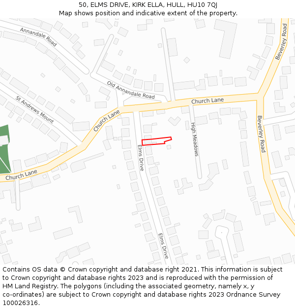 50, ELMS DRIVE, KIRK ELLA, HULL, HU10 7QJ: Location map and indicative extent of plot