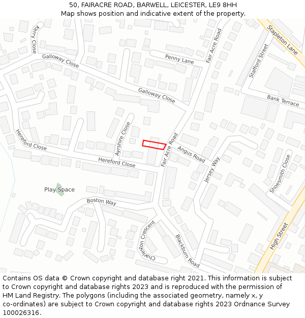 50, FAIRACRE ROAD, BARWELL, LEICESTER, LE9 8HH: Location map and indicative extent of plot