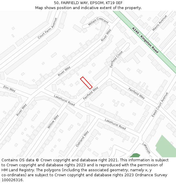 50, FAIRFIELD WAY, EPSOM, KT19 0EF: Location map and indicative extent of plot