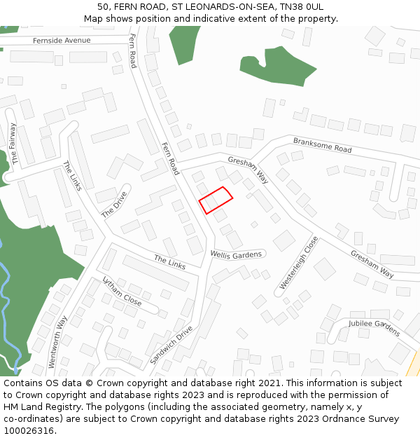 50, FERN ROAD, ST LEONARDS-ON-SEA, TN38 0UL: Location map and indicative extent of plot