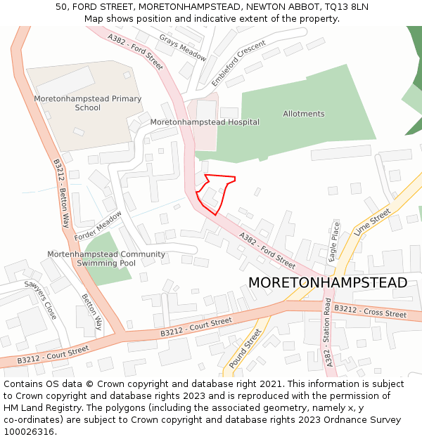 50, FORD STREET, MORETONHAMPSTEAD, NEWTON ABBOT, TQ13 8LN: Location map and indicative extent of plot