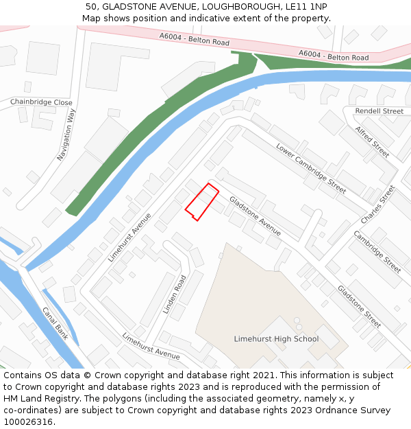 50, GLADSTONE AVENUE, LOUGHBOROUGH, LE11 1NP: Location map and indicative extent of plot
