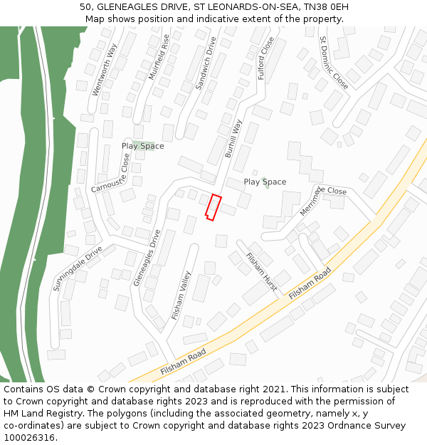 50, GLENEAGLES DRIVE, ST LEONARDS-ON-SEA, TN38 0EH: Location map and indicative extent of plot