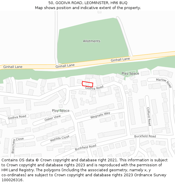50, GODIVA ROAD, LEOMINSTER, HR6 8UQ: Location map and indicative extent of plot