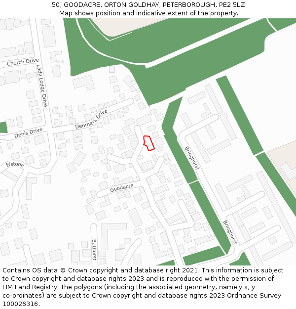 50, GOODACRE, ORTON GOLDHAY, PETERBOROUGH, PE2 5LZ: Location map and indicative extent of plot