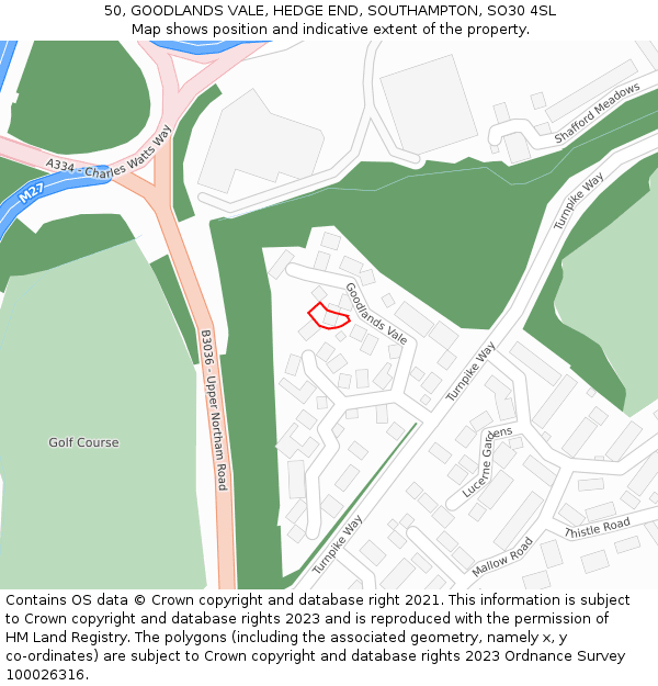 50, GOODLANDS VALE, HEDGE END, SOUTHAMPTON, SO30 4SL: Location map and indicative extent of plot