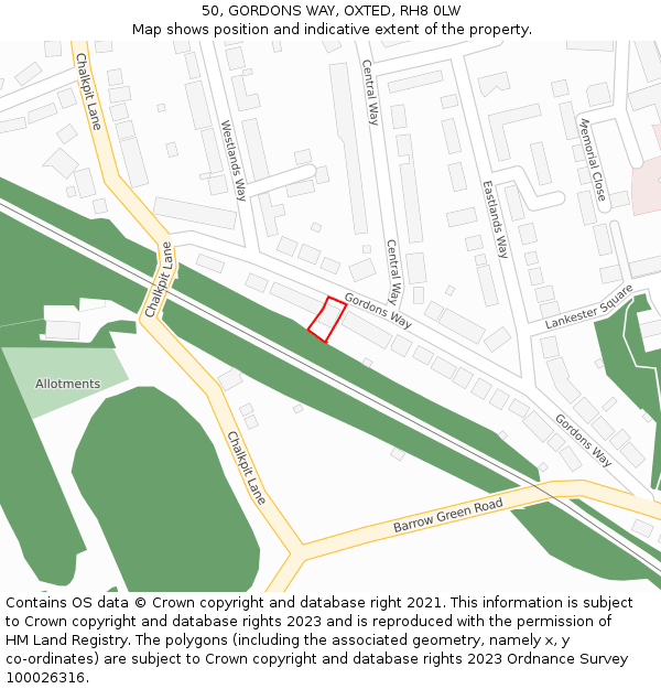50, GORDONS WAY, OXTED, RH8 0LW: Location map and indicative extent of plot