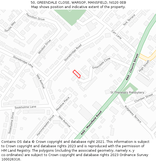 50, GREENDALE CLOSE, WARSOP, MANSFIELD, NG20 0EB: Location map and indicative extent of plot