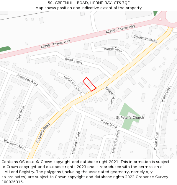 50, GREENHILL ROAD, HERNE BAY, CT6 7QE: Location map and indicative extent of plot