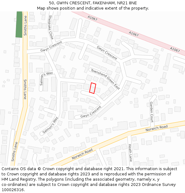 50, GWYN CRESCENT, FAKENHAM, NR21 8NE: Location map and indicative extent of plot