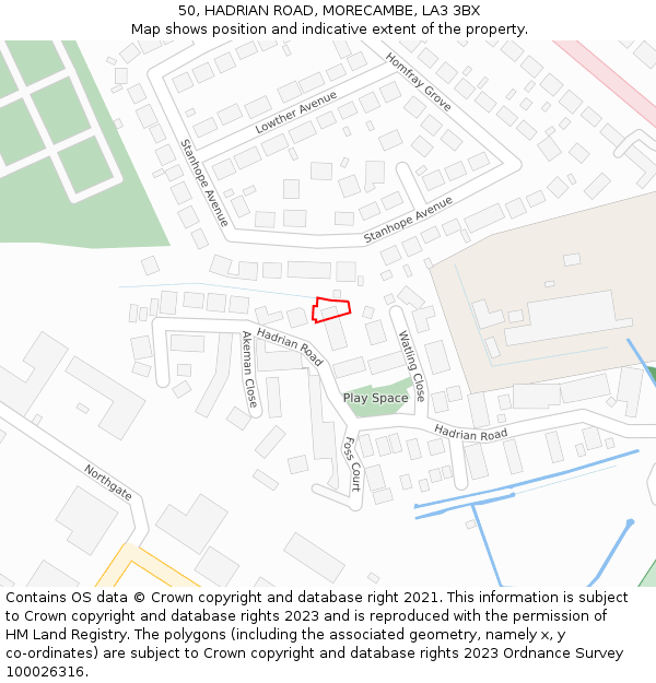50, HADRIAN ROAD, MORECAMBE, LA3 3BX: Location map and indicative extent of plot
