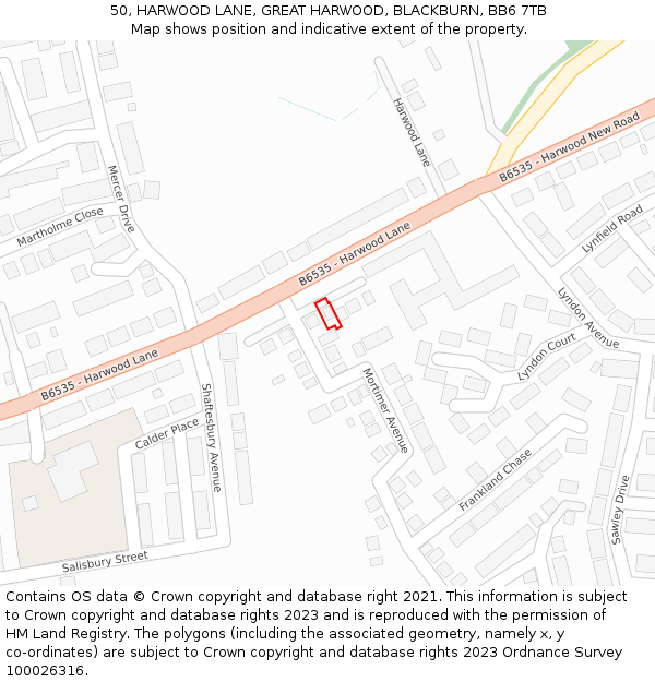 50, HARWOOD LANE, GREAT HARWOOD, BLACKBURN, BB6 7TB: Location map and indicative extent of plot