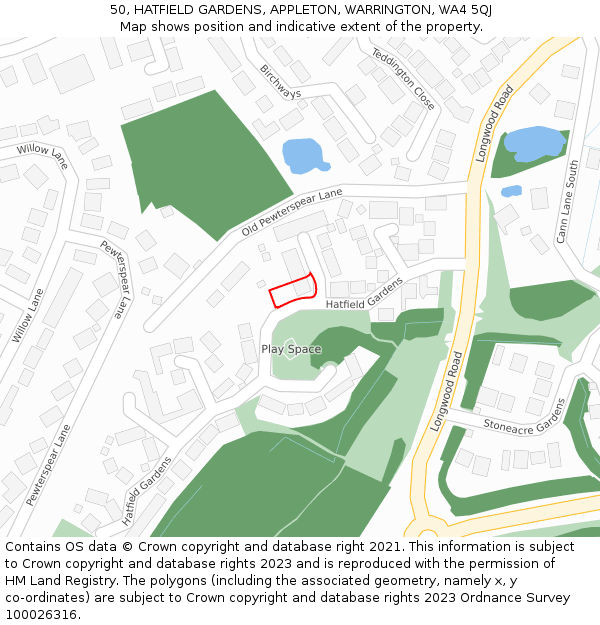 50, HATFIELD GARDENS, APPLETON, WARRINGTON, WA4 5QJ: Location map and indicative extent of plot