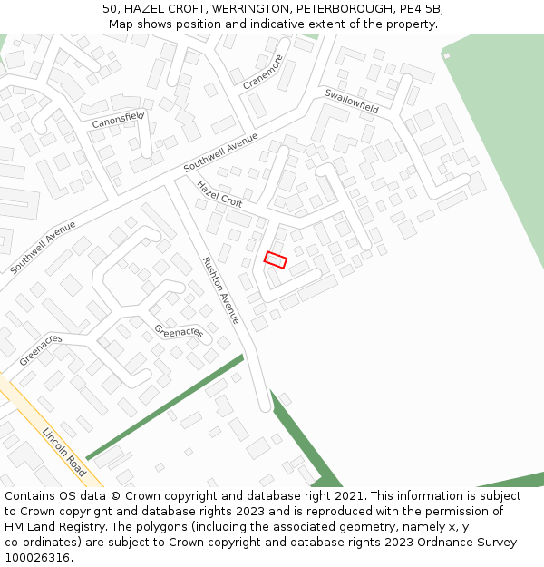 50, HAZEL CROFT, WERRINGTON, PETERBOROUGH, PE4 5BJ: Location map and indicative extent of plot