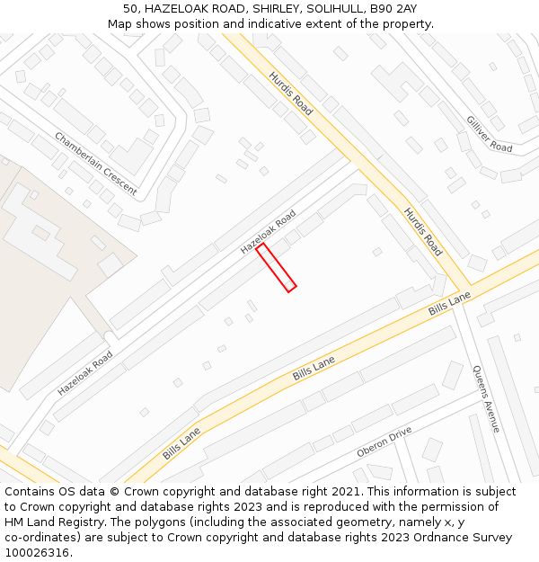 50, HAZELOAK ROAD, SHIRLEY, SOLIHULL, B90 2AY: Location map and indicative extent of plot