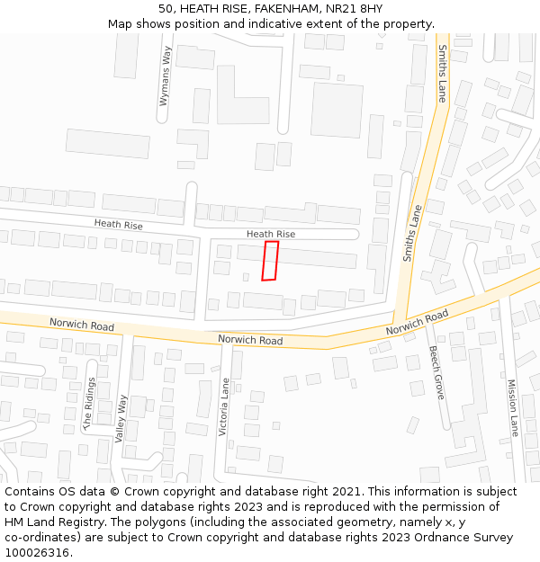 50, HEATH RISE, FAKENHAM, NR21 8HY: Location map and indicative extent of plot
