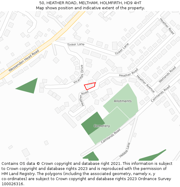 50, HEATHER ROAD, MELTHAM, HOLMFIRTH, HD9 4HT: Location map and indicative extent of plot