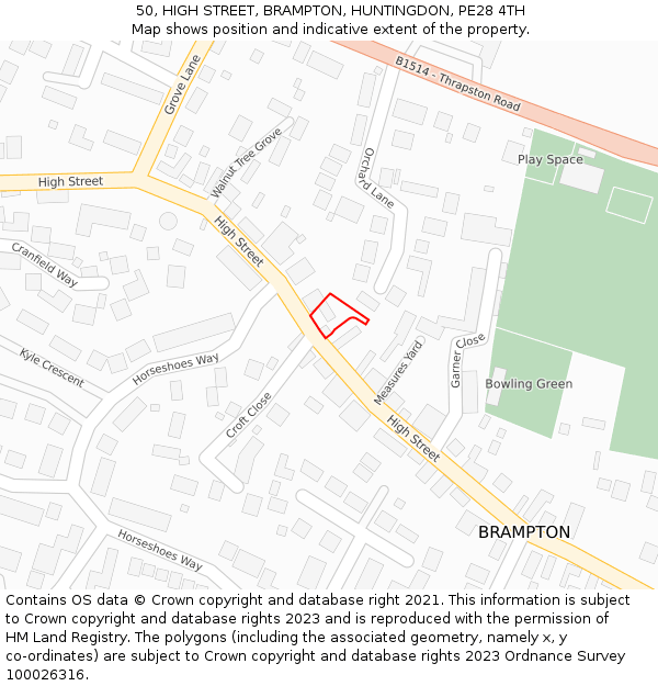 50, HIGH STREET, BRAMPTON, HUNTINGDON, PE28 4TH: Location map and indicative extent of plot
