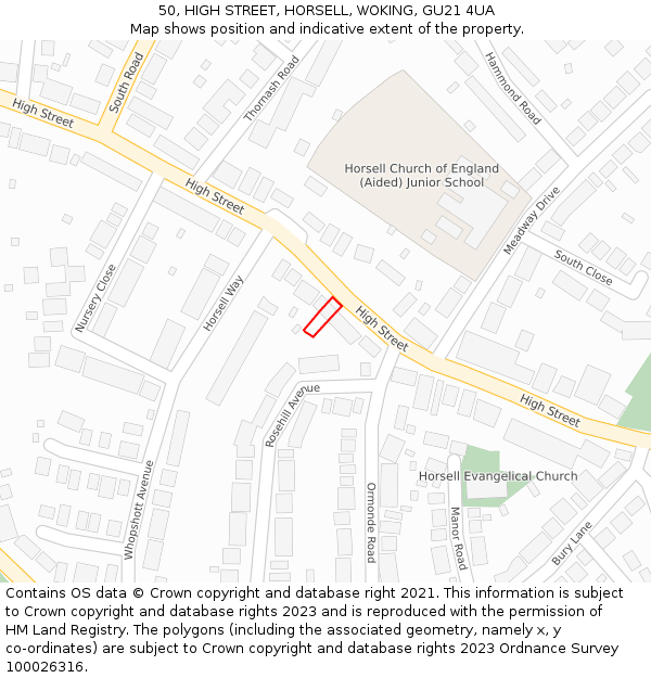 50, HIGH STREET, HORSELL, WOKING, GU21 4UA: Location map and indicative extent of plot