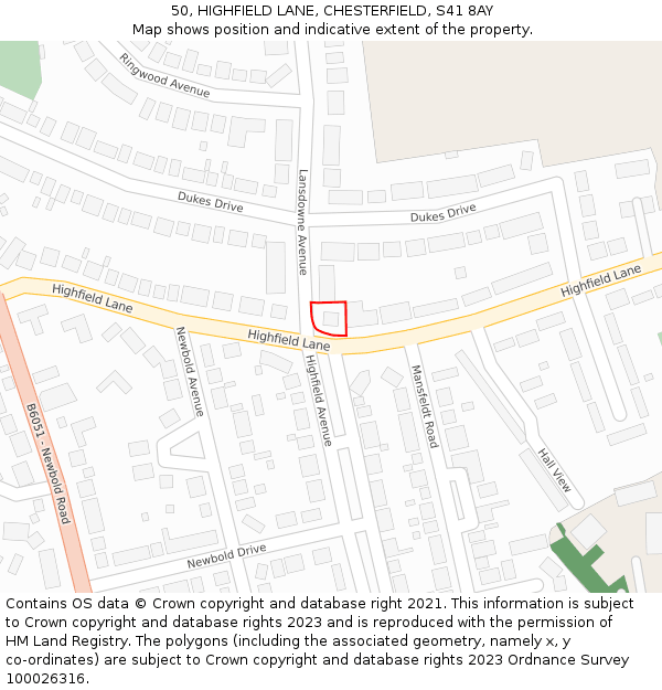 50, HIGHFIELD LANE, CHESTERFIELD, S41 8AY: Location map and indicative extent of plot