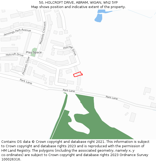 50, HOLCROFT DRIVE, ABRAM, WIGAN, WN2 5YP: Location map and indicative extent of plot