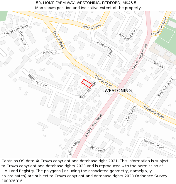 50, HOME FARM WAY, WESTONING, BEDFORD, MK45 5LL: Location map and indicative extent of plot