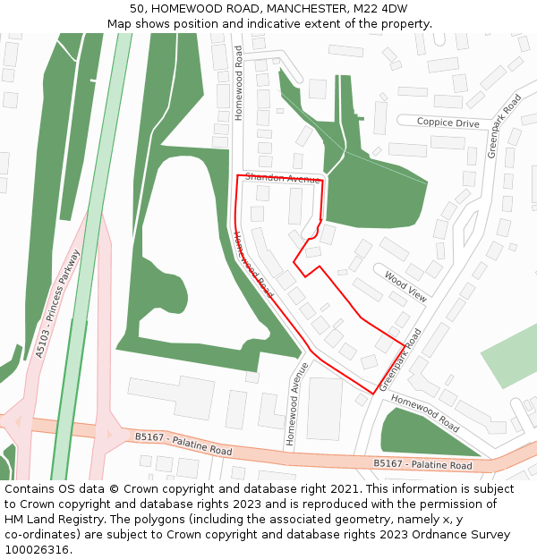 50, HOMEWOOD ROAD, MANCHESTER, M22 4DW: Location map and indicative extent of plot