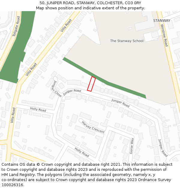 50, JUNIPER ROAD, STANWAY, COLCHESTER, CO3 0RY: Location map and indicative extent of plot
