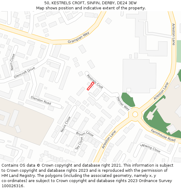 50, KESTRELS CROFT, SINFIN, DERBY, DE24 3EW: Location map and indicative extent of plot