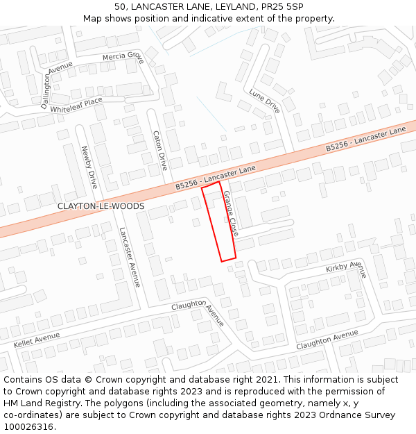 50, LANCASTER LANE, LEYLAND, PR25 5SP: Location map and indicative extent of plot