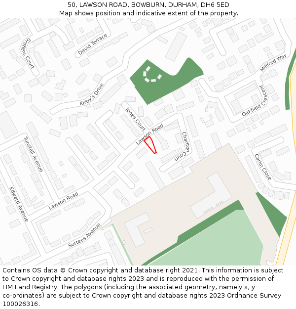 50, LAWSON ROAD, BOWBURN, DURHAM, DH6 5ED: Location map and indicative extent of plot
